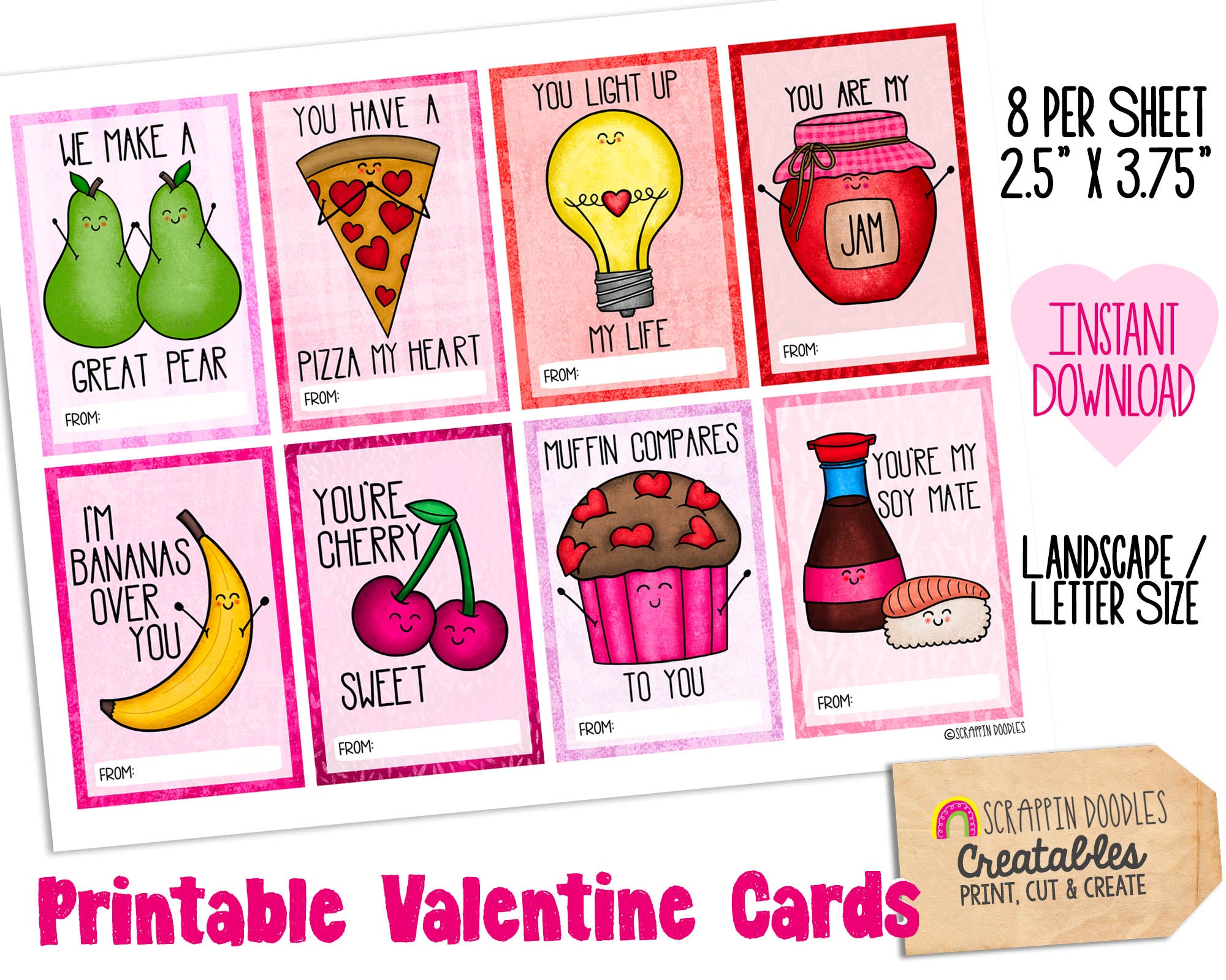 Printable Valentine Cards - Kids Valentines Day Food Puns Gift Cards – Scrappin Doodles